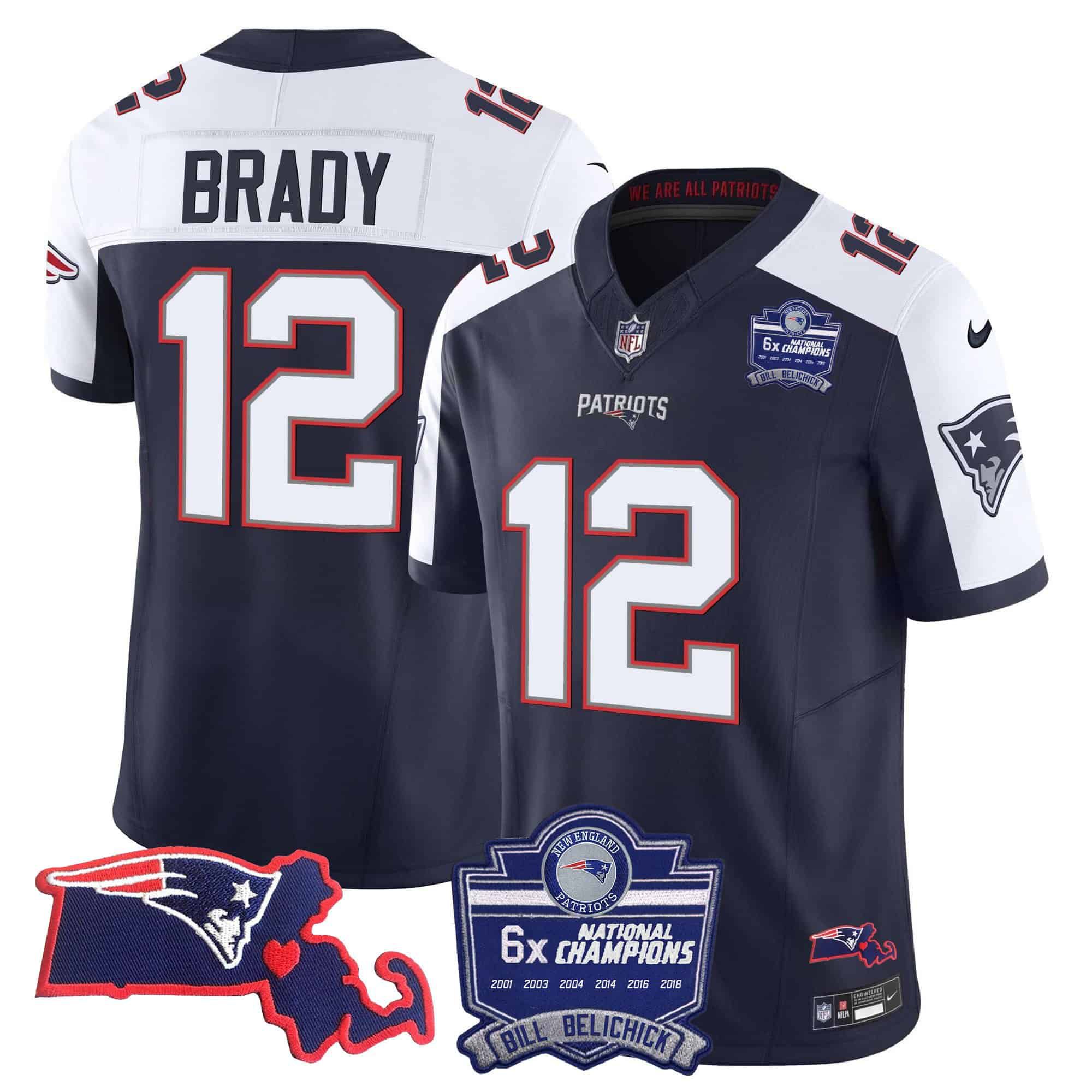 Men New England Patriots #12 Brady Dark blue 2024 Nike 6x Champions Patch Vapor Limited NFL Jersey